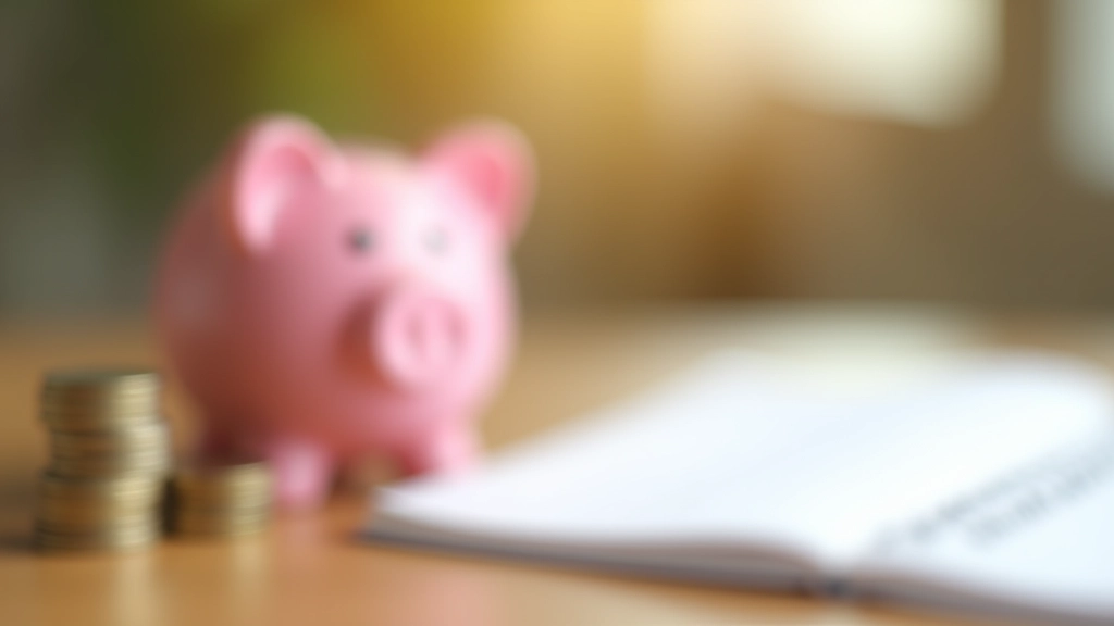 Piggy bank and stacked coins on desk with savings tracker notebook and pen