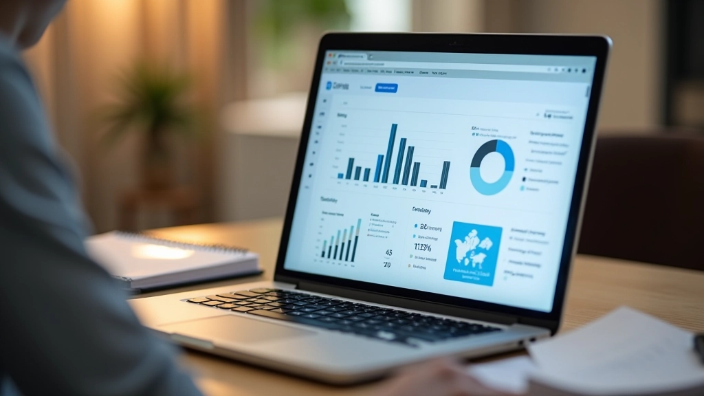 Monthly financial review dashboard showing charts, graphs, and savings progress visualization on laptop screen with monthly calendar visible