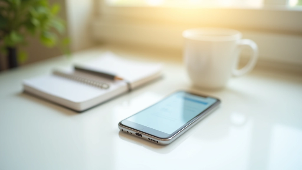 Morning routine scene with smartphone displaying banking app, coffee cup, and planner notebook on minimalist white desk with natural morning light