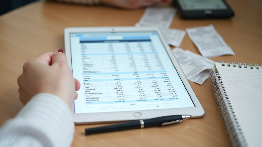 Receipt collection and expense tracking spreadsheet on tablet with financial analysis charts