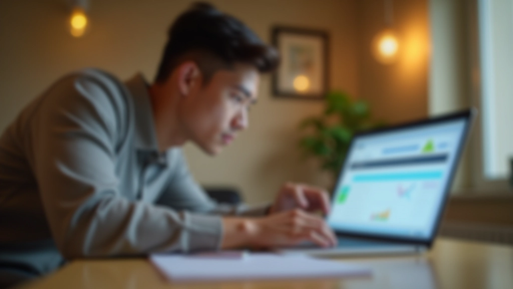 Young professional reviewing bank statements and analyzing savings progress on laptop