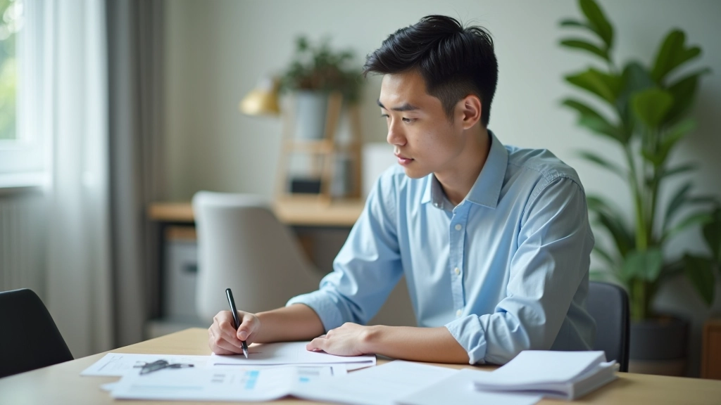 Young professional reviewing budget spreadsheet and financial plan documents at modern desk