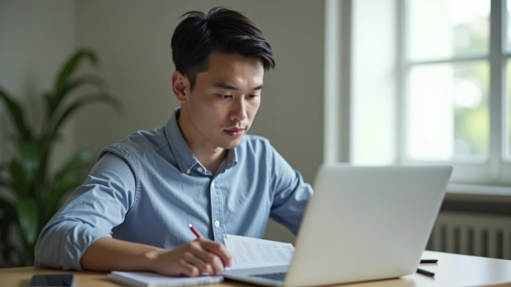 Young professional reviewing salary slip and financial statement at home office desk