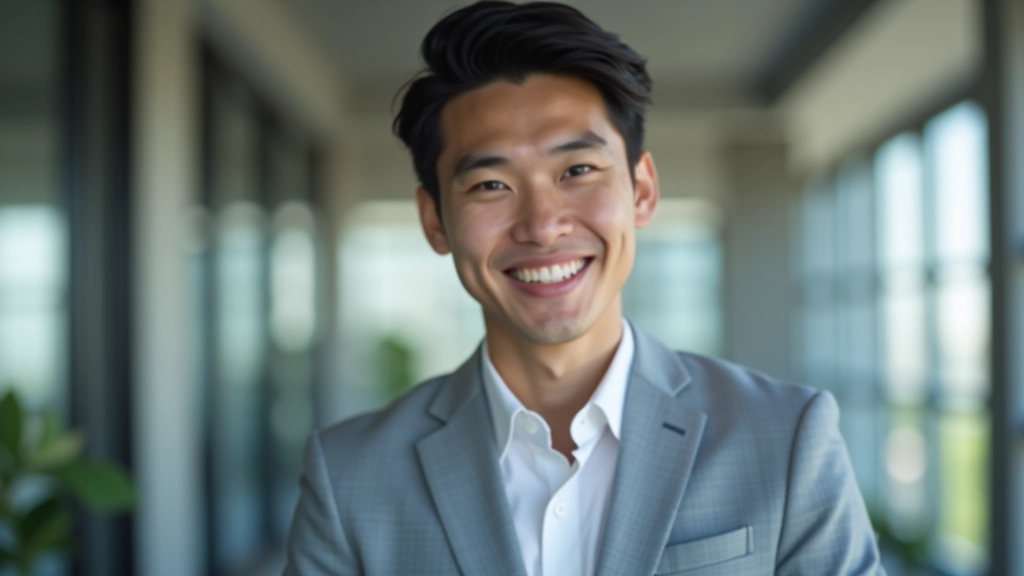 Confident young professional smiling at camera, portrait shot in professional office environment with positive body language