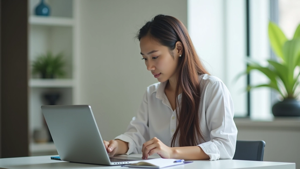 Young professional working at laptop reviewing personal budget and savings plan with calculator and notebook nearby